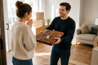 Mann überreicht einer Frau ein Stirnholz-Schneidebrett aus Nussbaum als Einzugsgeschenk in der neuen Wohnung