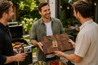 Grillrunde im Garten, ein Mann erhält ein großes Stirnholz-Schneidebrett als Grillgeschenk